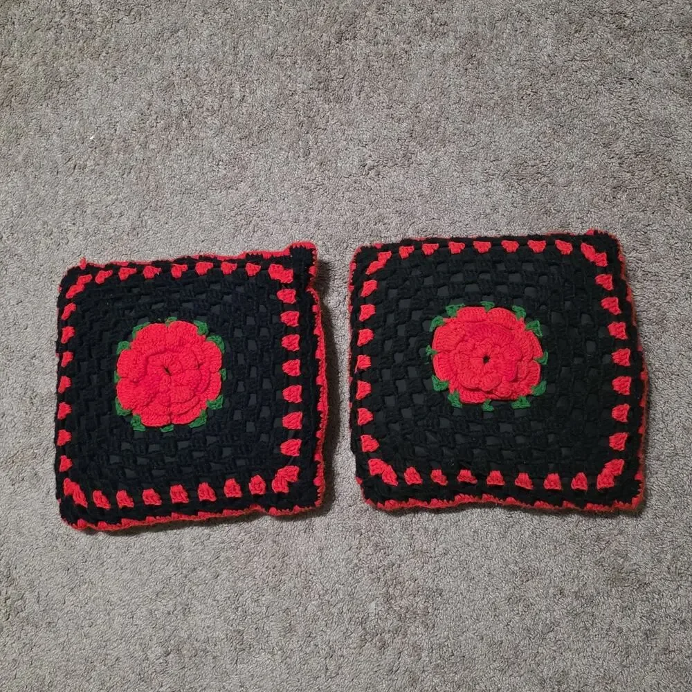 Handmade Crocheted Granny Square 3D Rose Floral Afghan Blanket 57”X38” & Pillow